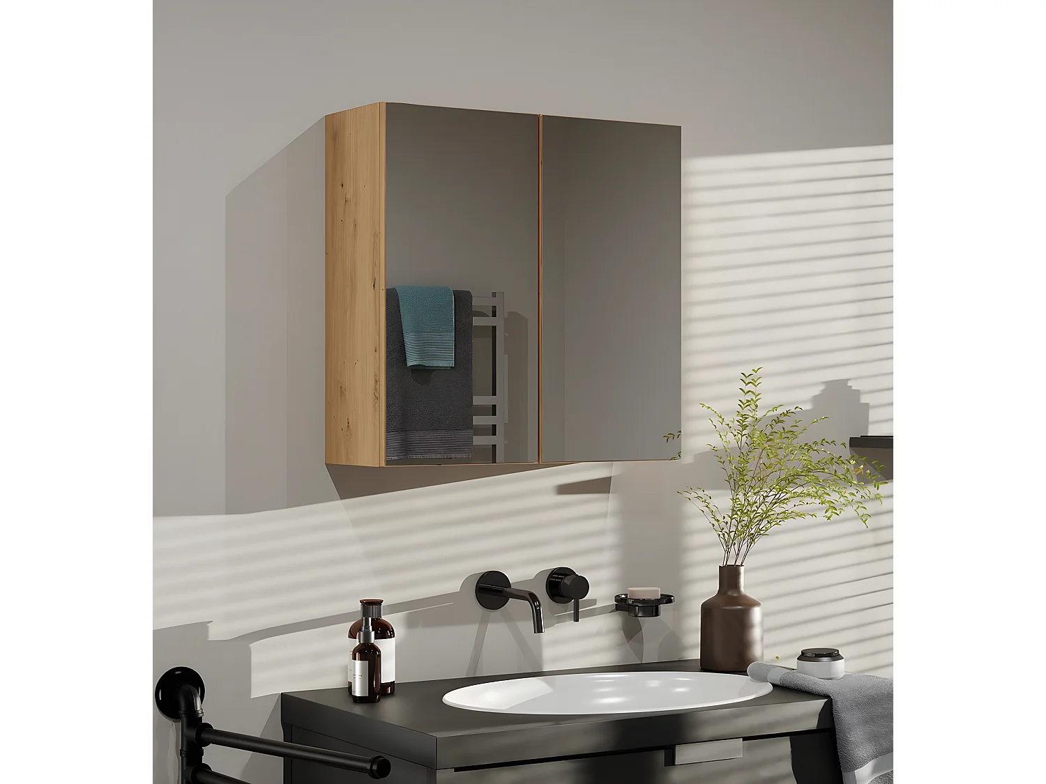 SOFYA - Armoire de toilette murale 2 portes - Meuble SDB avec miroir - Dimensions 60x22x60 cm - Rangement Salle de bain