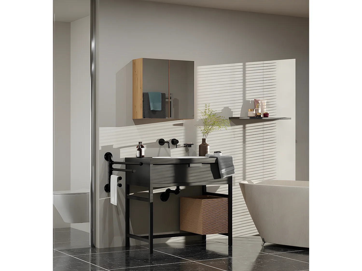 SOFYA - Armoire de toilette murale 2 portes - Meuble SDB avec miroir - Dimensions 60x22x60 cm - Rangement Salle de bain