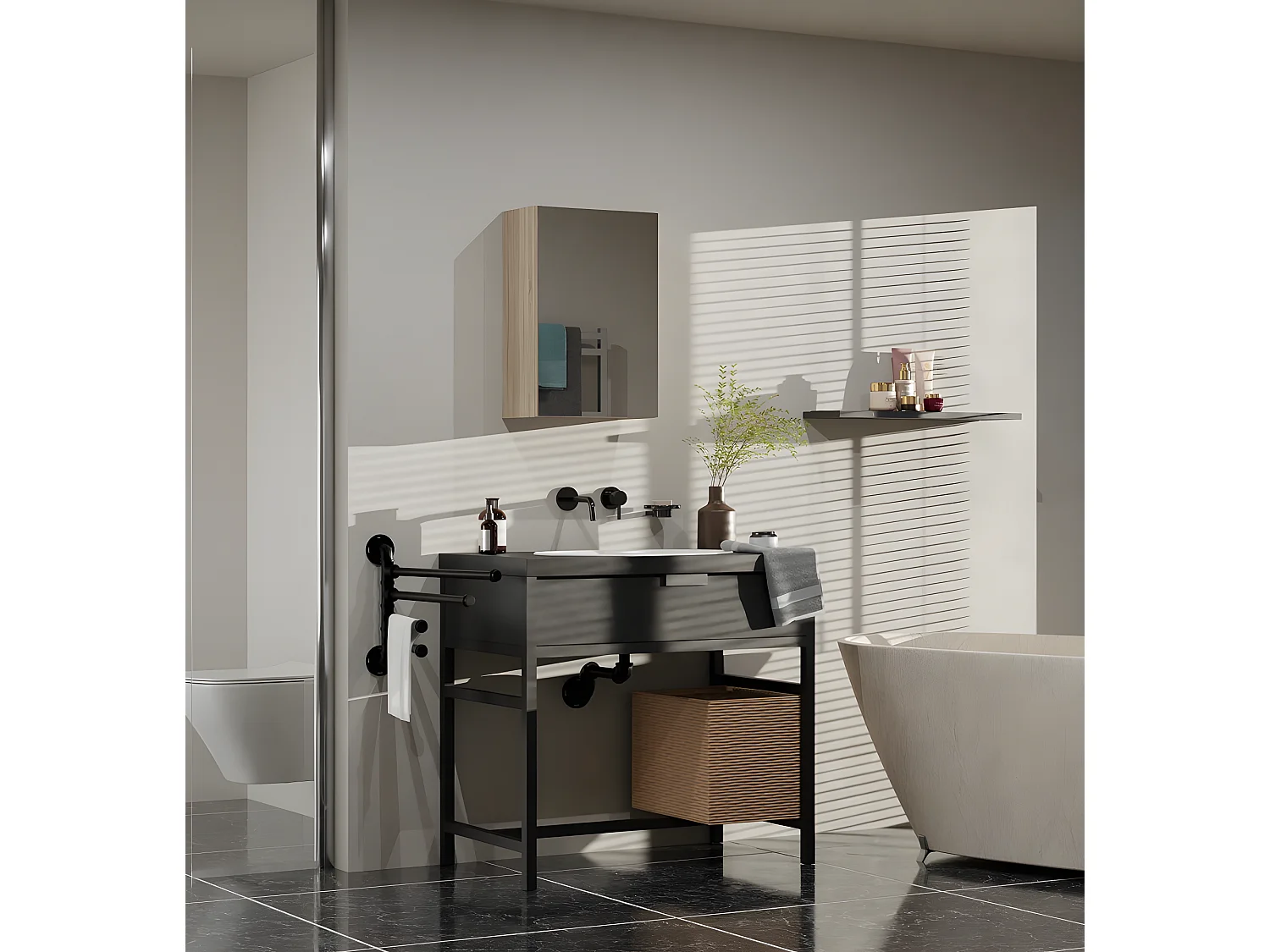 SOFYA - Armoire de toilette murale 2 portes - Meuble SDB avec miroir - Dimensions 60x22x60 cm - Rangement Salle de bain