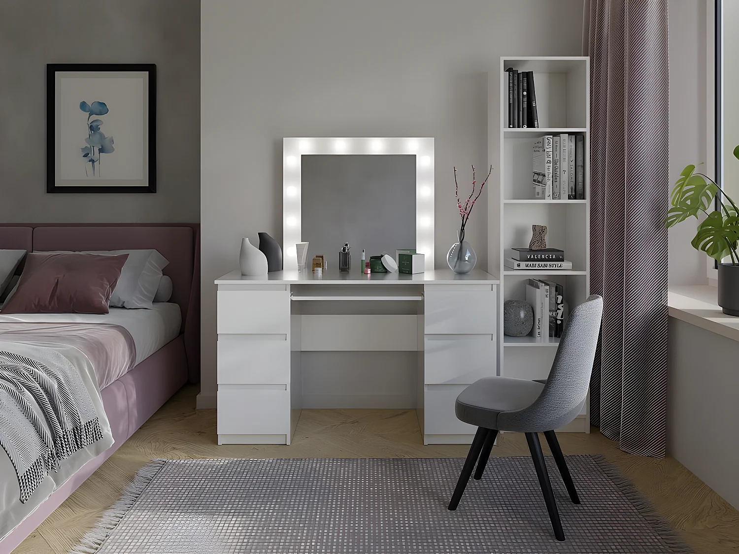 MARINA - Comodino a 6 cassetti con specchio e illuminazione a LED - Bianco