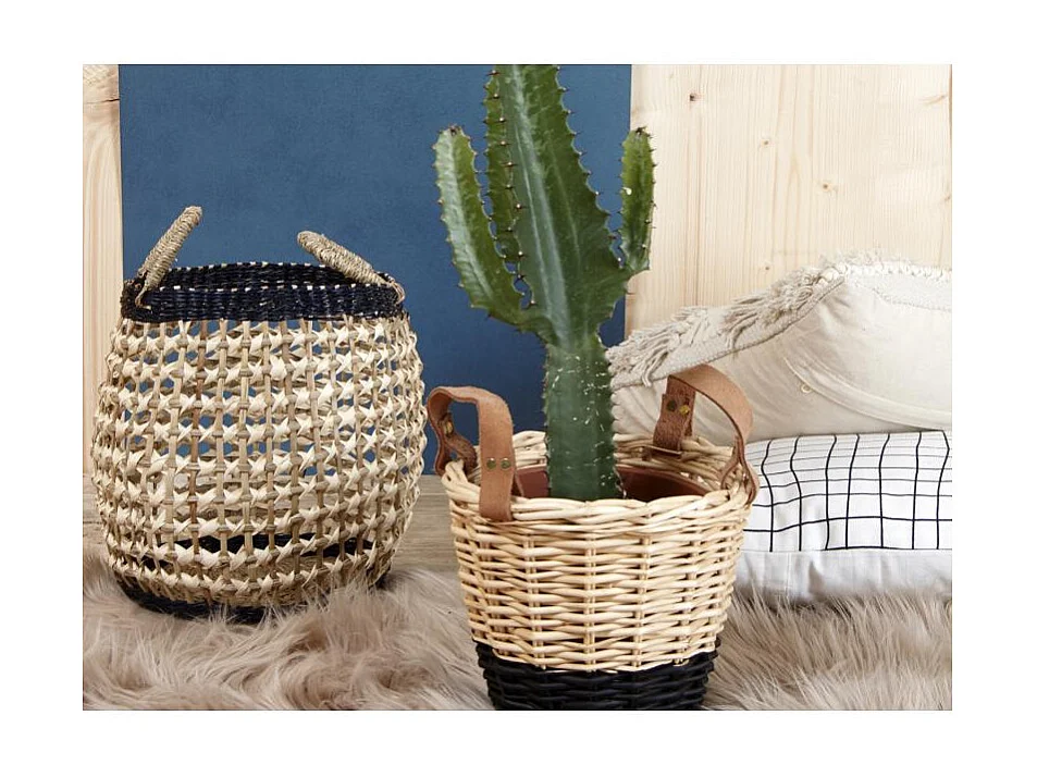 Coussin en coton avec sangle cuir Grillage