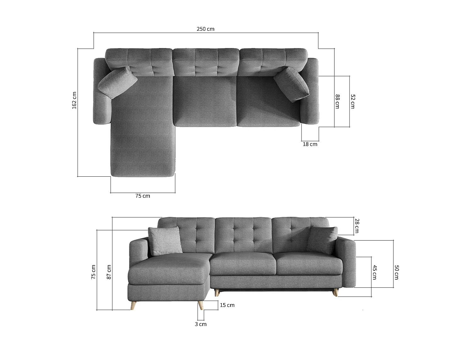 Canapé d'angle réversible et convertible velours chocolat Anska 235cm