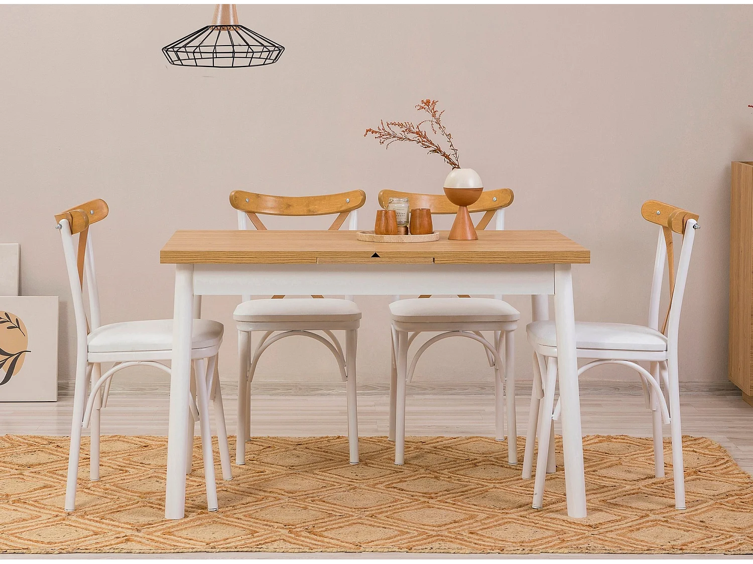 Ensemble 1 table extensible et 4 chaises bois naturel et blanc Kontante