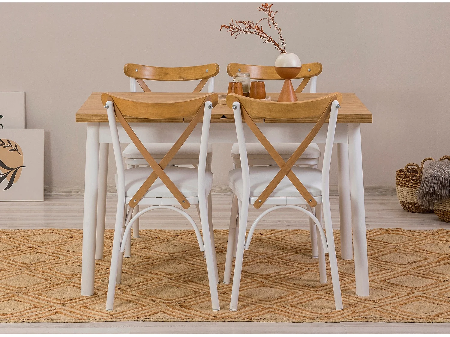 Ensemble 1 table extensible et 4 chaises bois naturel et blanc Kontante