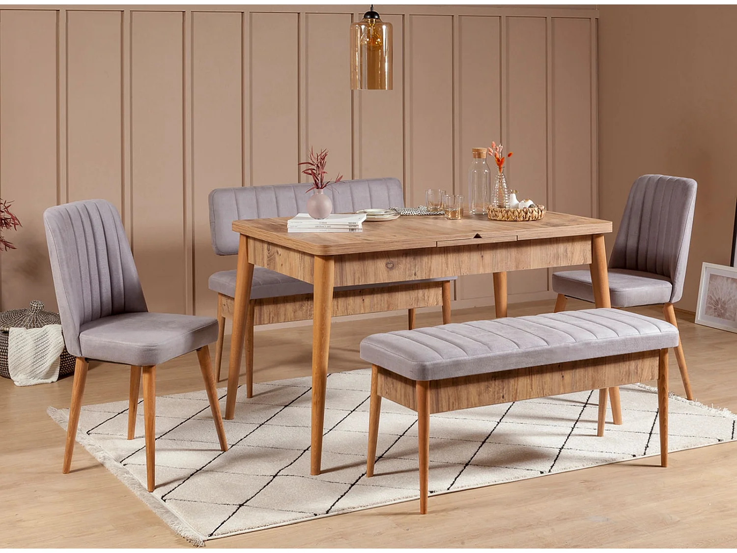 Ensemble table extensible 2 chaises et 2 bancs bois naturel et tissu gris Mariva