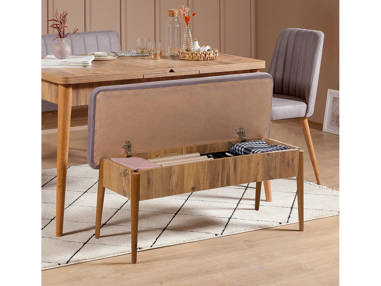 Ensemble table extensible 2 chaises et 2 bancs bois naturel et tissu gris Mariva