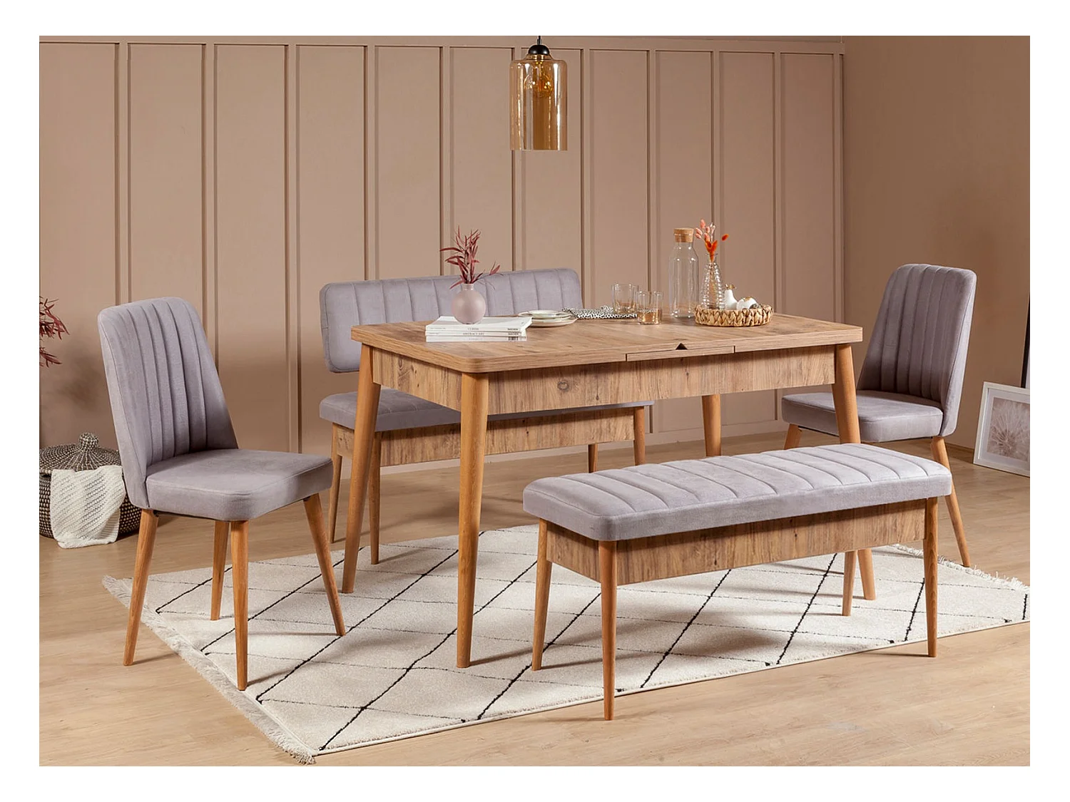Ensemble table extensible 2 chaises et 2 bancs bois naturel et tissu gris Mariva