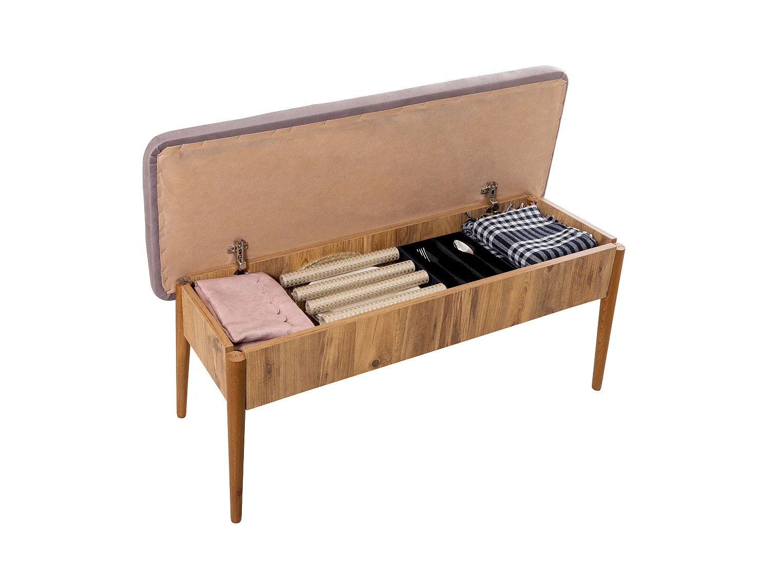 Ensemble table extensible 2 chaises et 2 bancs bois naturel et tissu gris Mariva