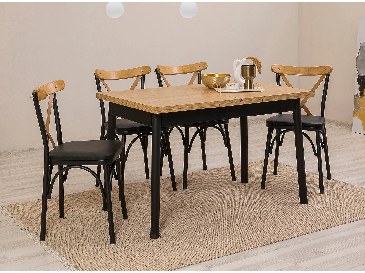 Ensemble 1 table extensible 4 chaises et 1 banc naturel et noir Kontante