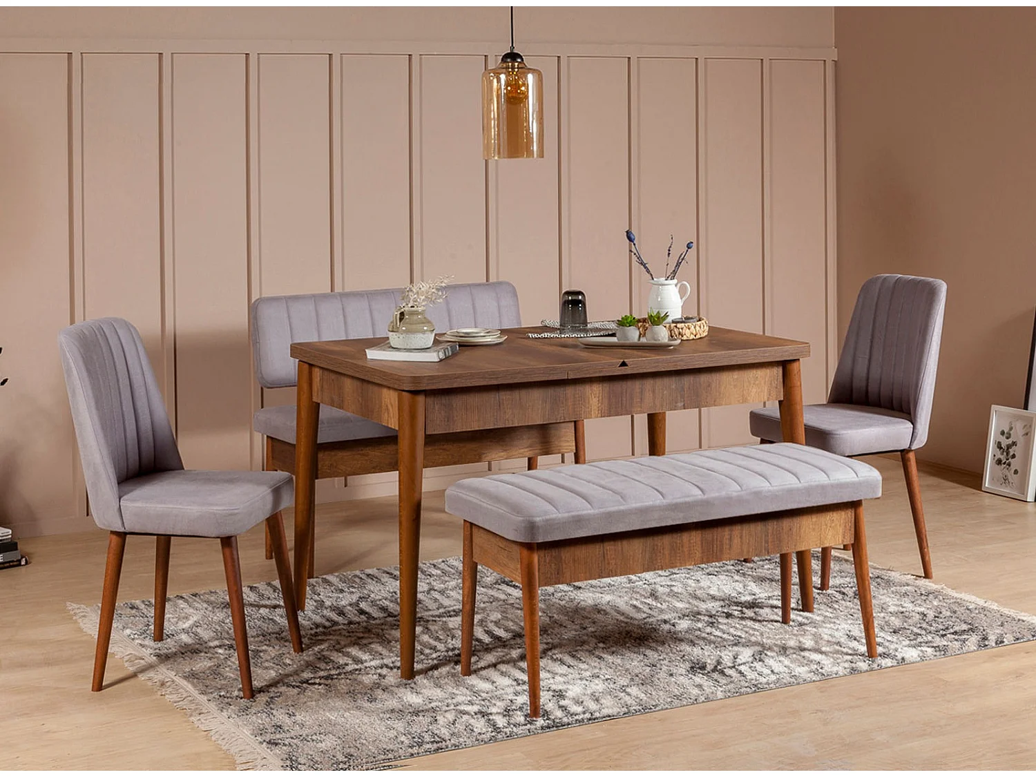 Ensemble table extensible 2 chaises et 2 bancs bois marron et tissu gris Mariva