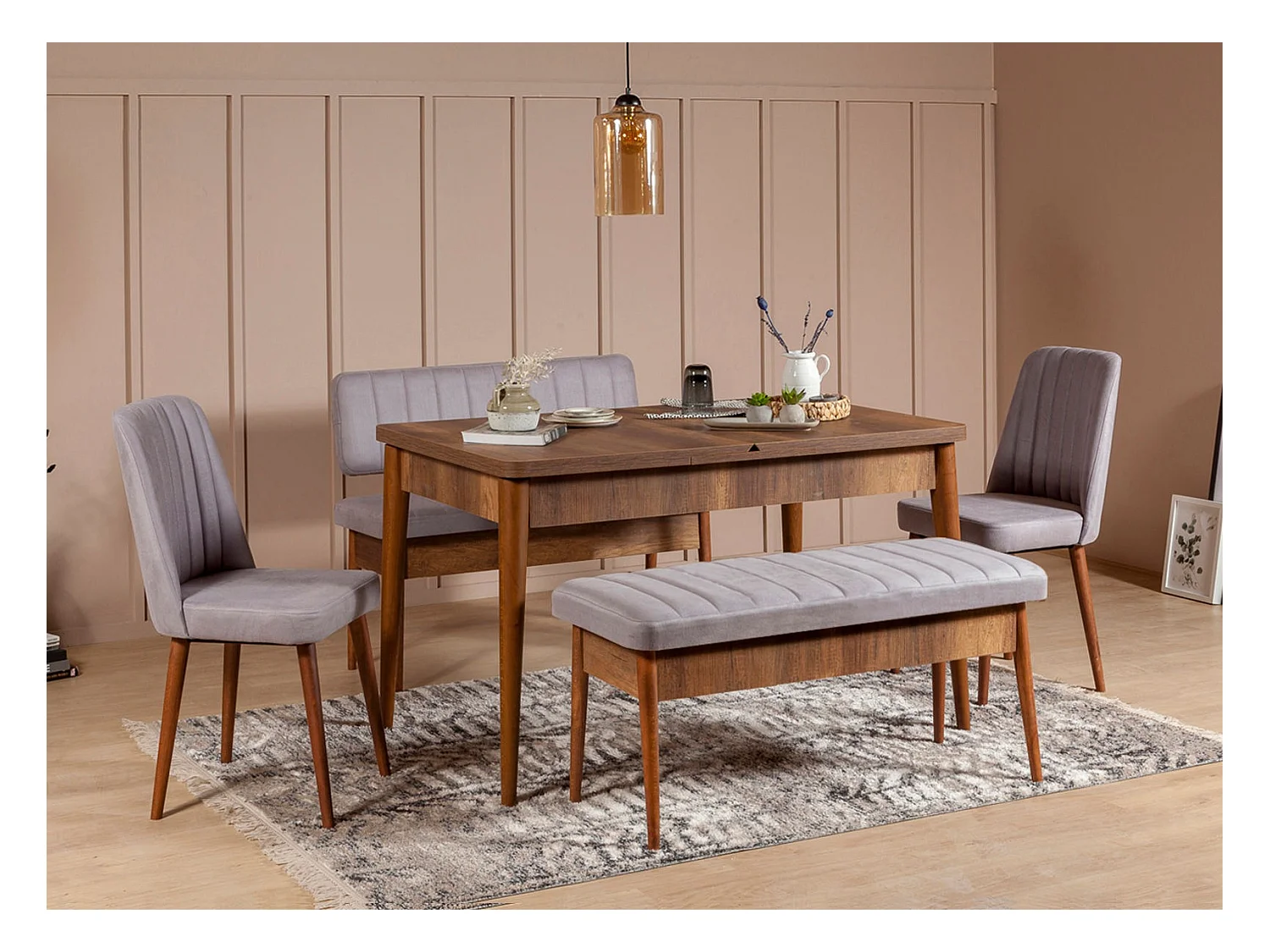 Ensemble table extensible 2 chaises et 2 bancs bois marron et tissu gris Mariva