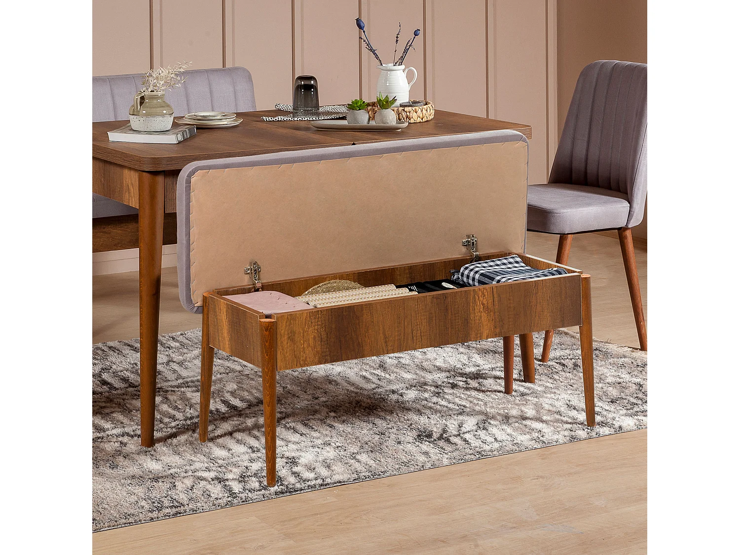 Ensemble table extensible 2 chaises et 2 bancs bois marron et tissu gris Mariva