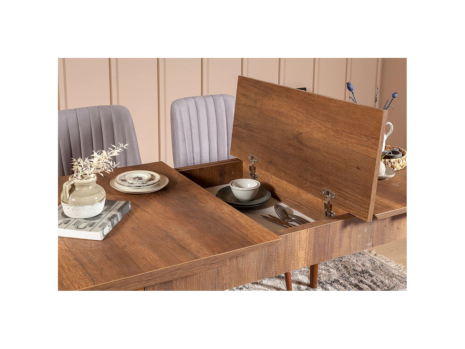 Ensemble table extensible 2 chaises et 2 bancs bois marron et tissu gris Mariva