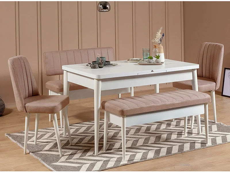Ensemble table extensible 2 chaises et 2 bancs bois blanc et tissu beige Mariva