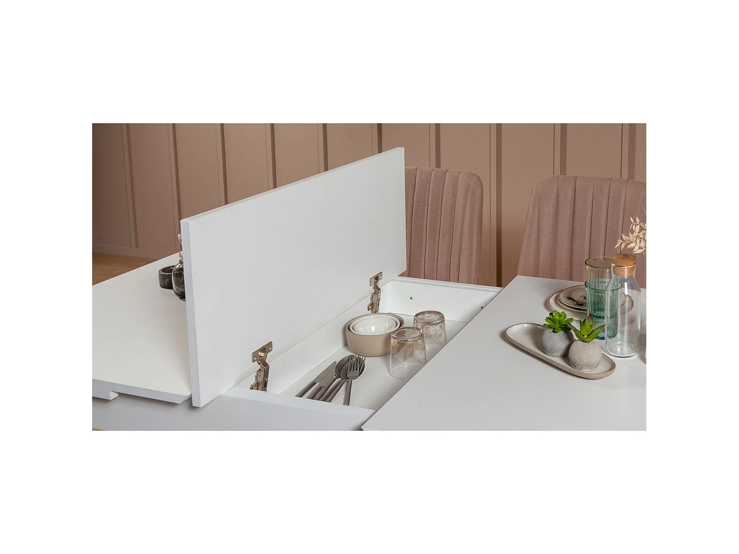 Ensemble table extensible 2 chaises et 2 bancs bois blanc et tissu beige Mariva