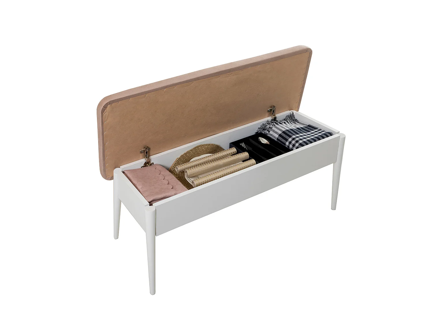 Ensemble table extensible 2 chaises et 2 bancs bois blanc et tissu beige Mariva