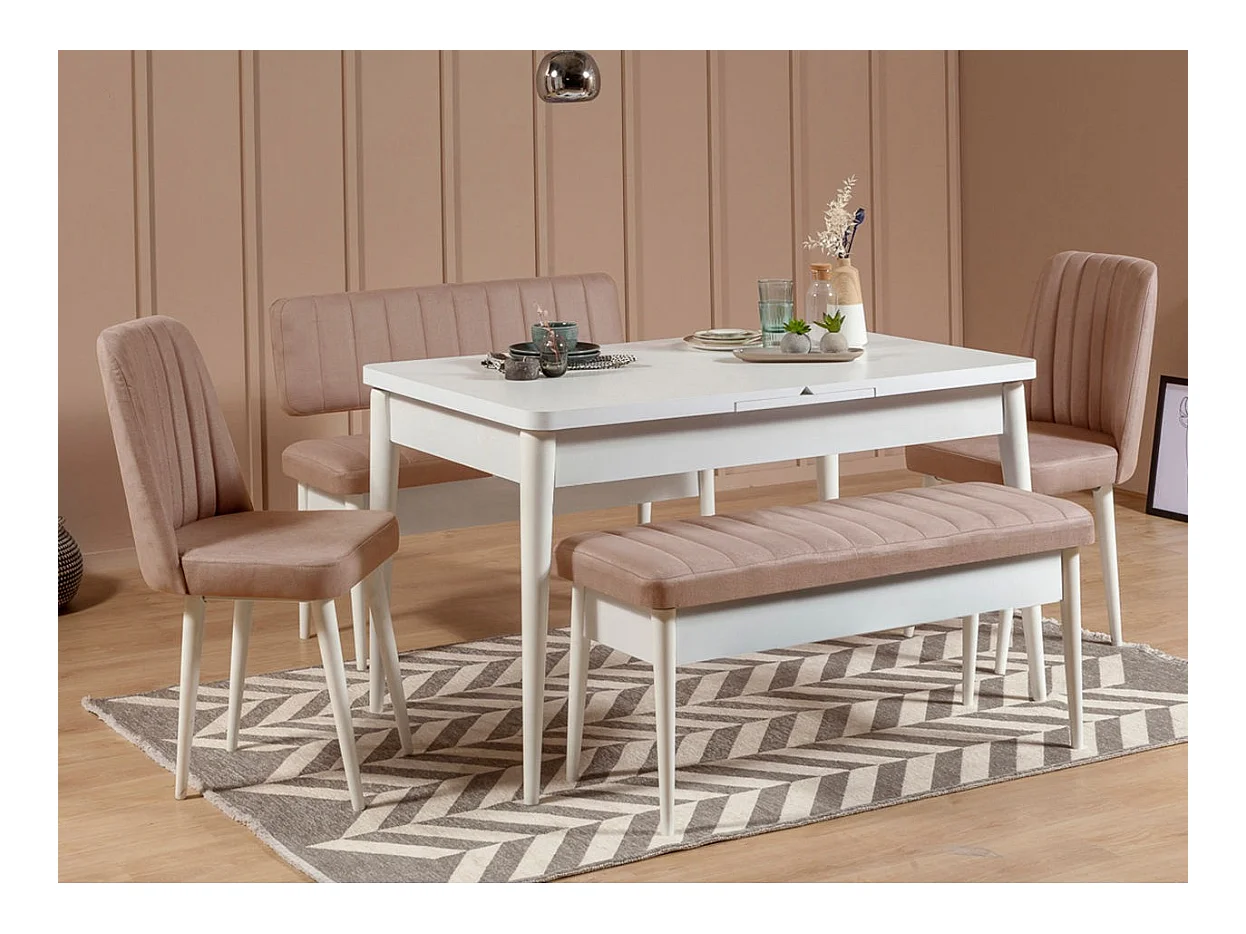 Ensemble table extensible 2 chaises et 2 bancs bois blanc et tissu beige Mariva
