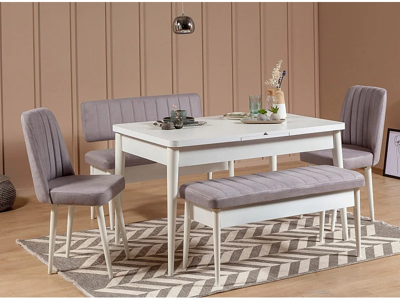 Ensemble table extensible 2 chaises et 2 bancs bois blanc et tissu gris Mariva