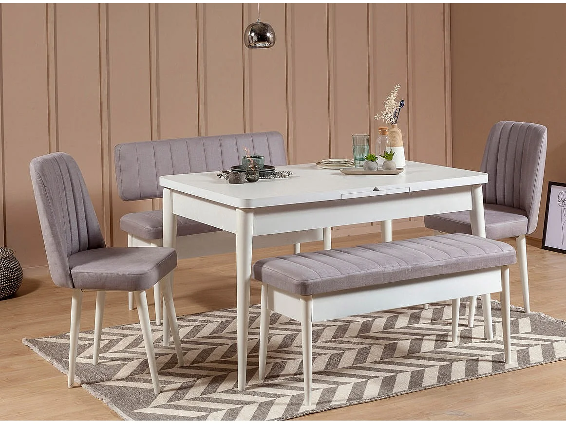 Ensemble table extensible 2 chaises et 2 bancs bois blanc et tissu gris Mariva