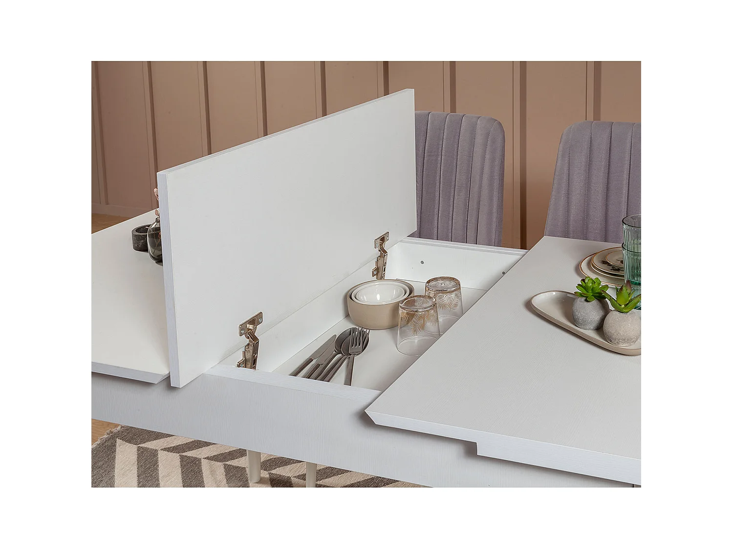 Ensemble table extensible 2 chaises et 2 bancs bois blanc et tissu gris Mariva