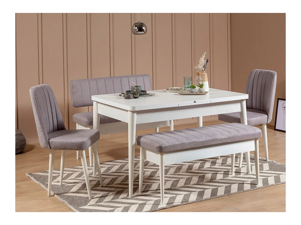 Ensemble table extensible 2 chaises et 2 bancs bois blanc et tissu gris Mariva