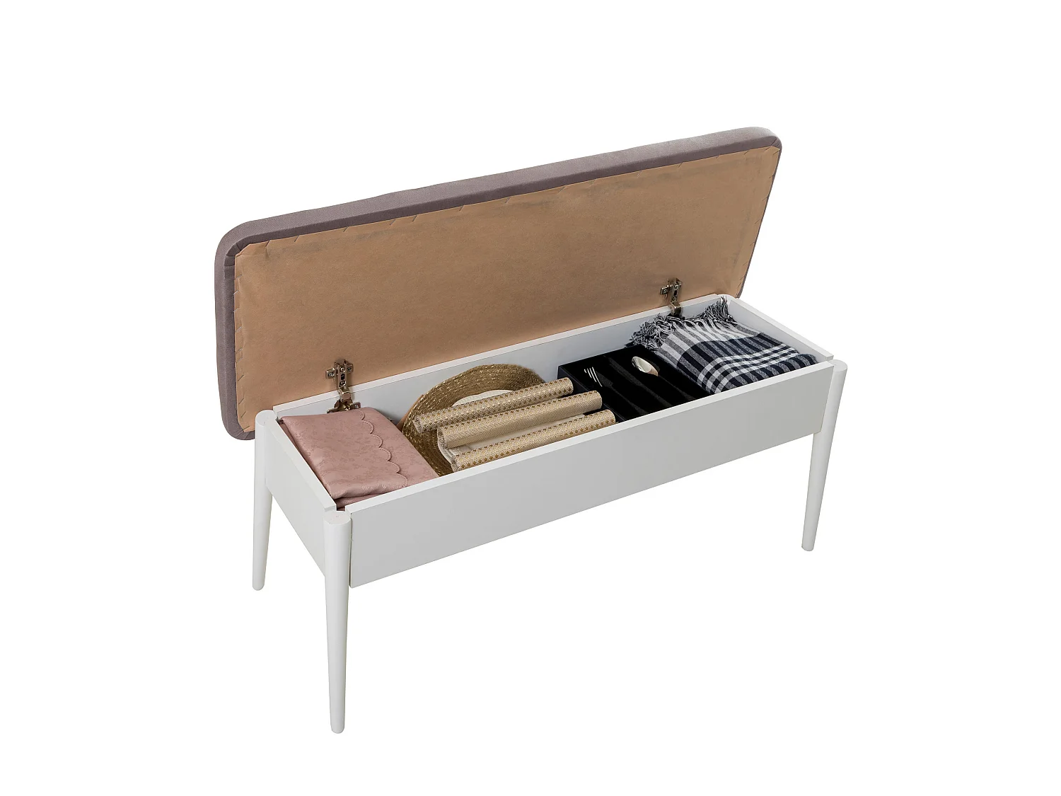 Ensemble table extensible 2 chaises et 2 bancs bois blanc et tissu gris Mariva