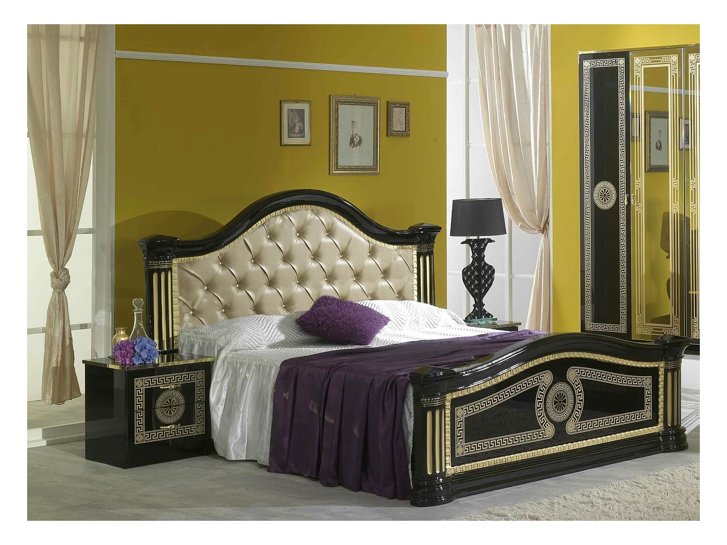 Chevet 2 tiroirs laqué noir et doré Savana 50cm