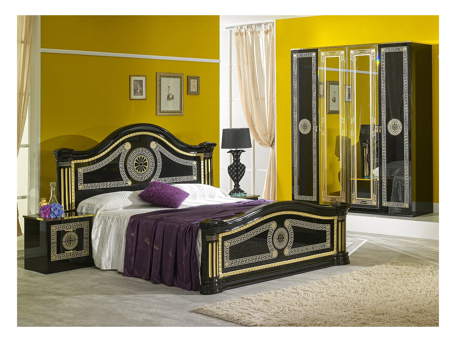 Chevet 2 tiroirs laqué noir et doré Savana 50cm