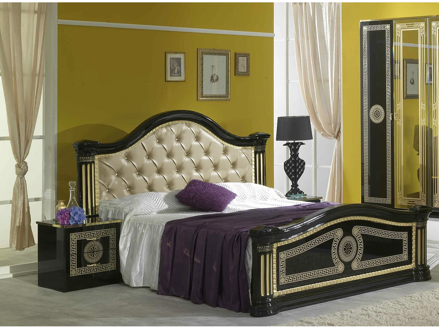 Chevet 2 tiroirs laqué noir et doré Savana 50cm