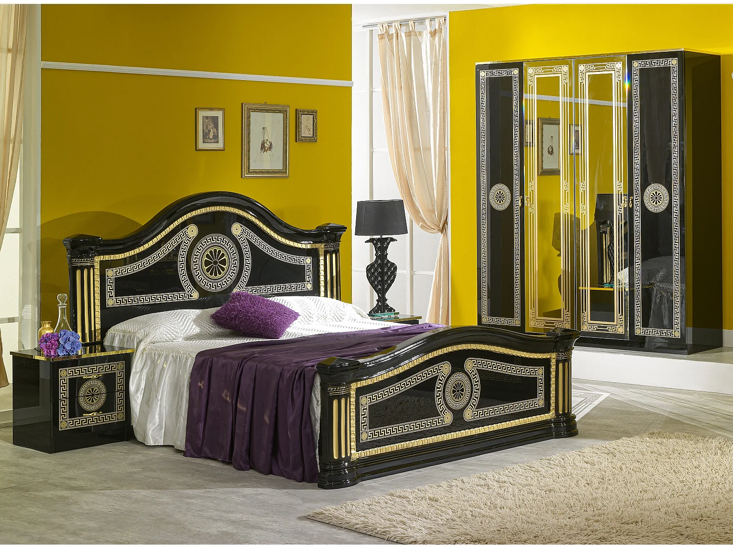 Chevet 2 tiroirs laqué noir et doré Savana 50cm