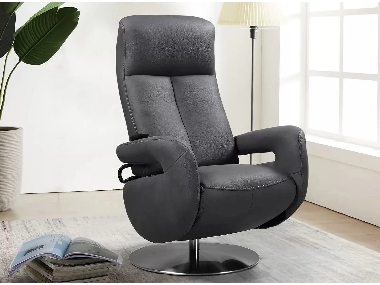 Fauteuil de relaxation électrique 2 moteurs en cuir avec têtière réglable Balbo-Couleur Gris foncé