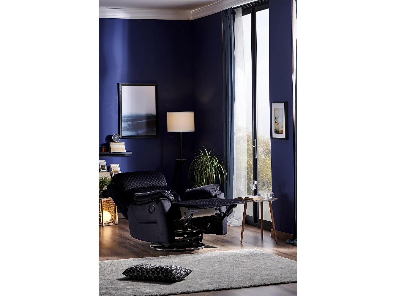 Fauteuil de relaxation à mécanisme manuel tissu matelassé Keva 80cm-Couleur Noir