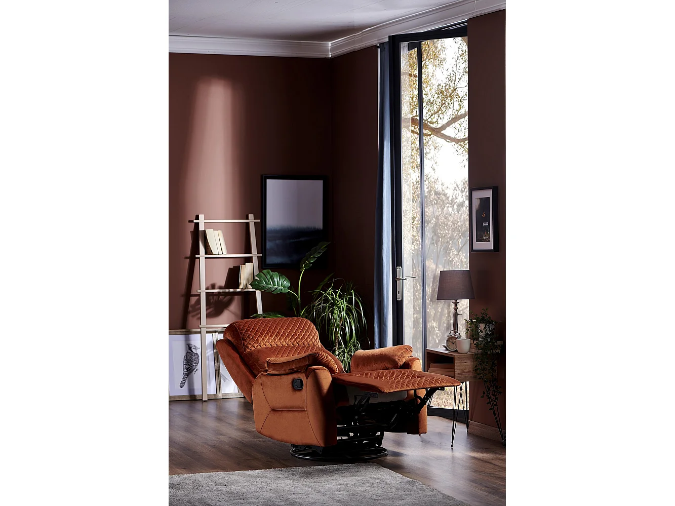 Fauteuil de relaxation à mécanisme manuel tissu matelassé Keva 80cm-Couleur Orange