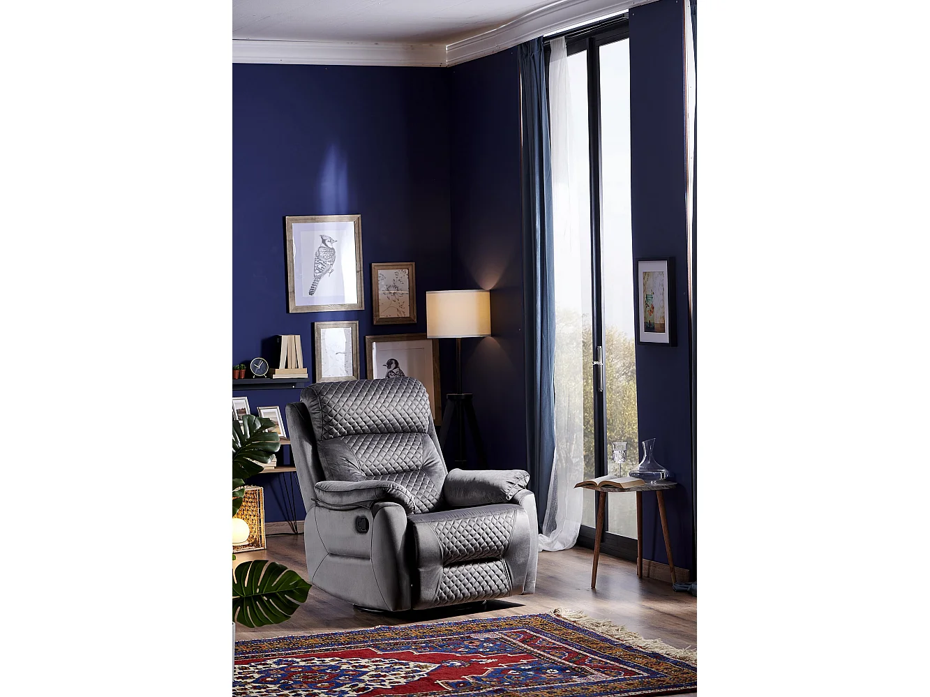 Fauteuil de relaxation à mécanisme manuel tissu matelassé Keva 80cm-Couleur Gris