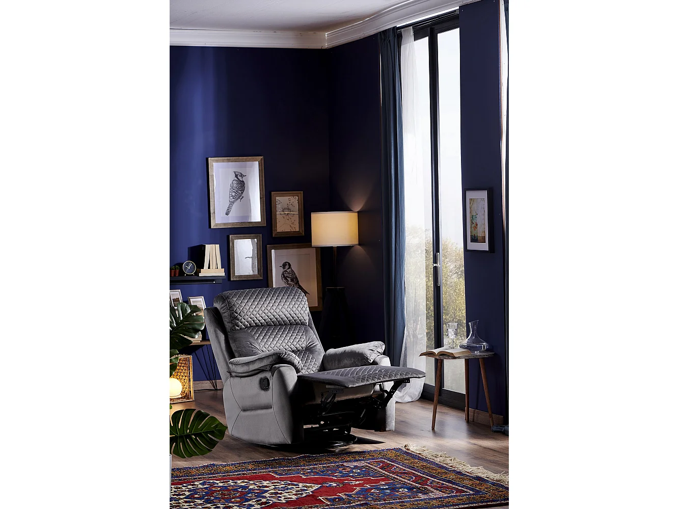 Fauteuil de relaxation à mécanisme manuel tissu matelassé Keva 80cm-Couleur Gris