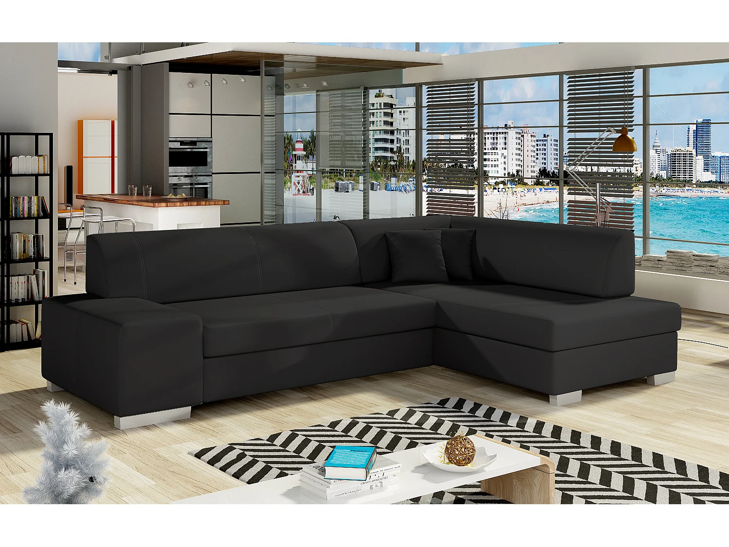 Canapé convertible angle droit simili cuir noir Polky 272cm