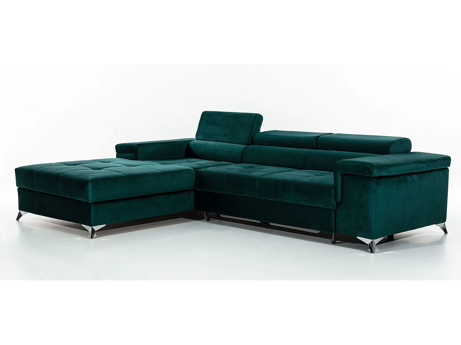 Canapé angle gauche convertible velours vert foncé avec appuis-tête réglables Rikaro 280cm