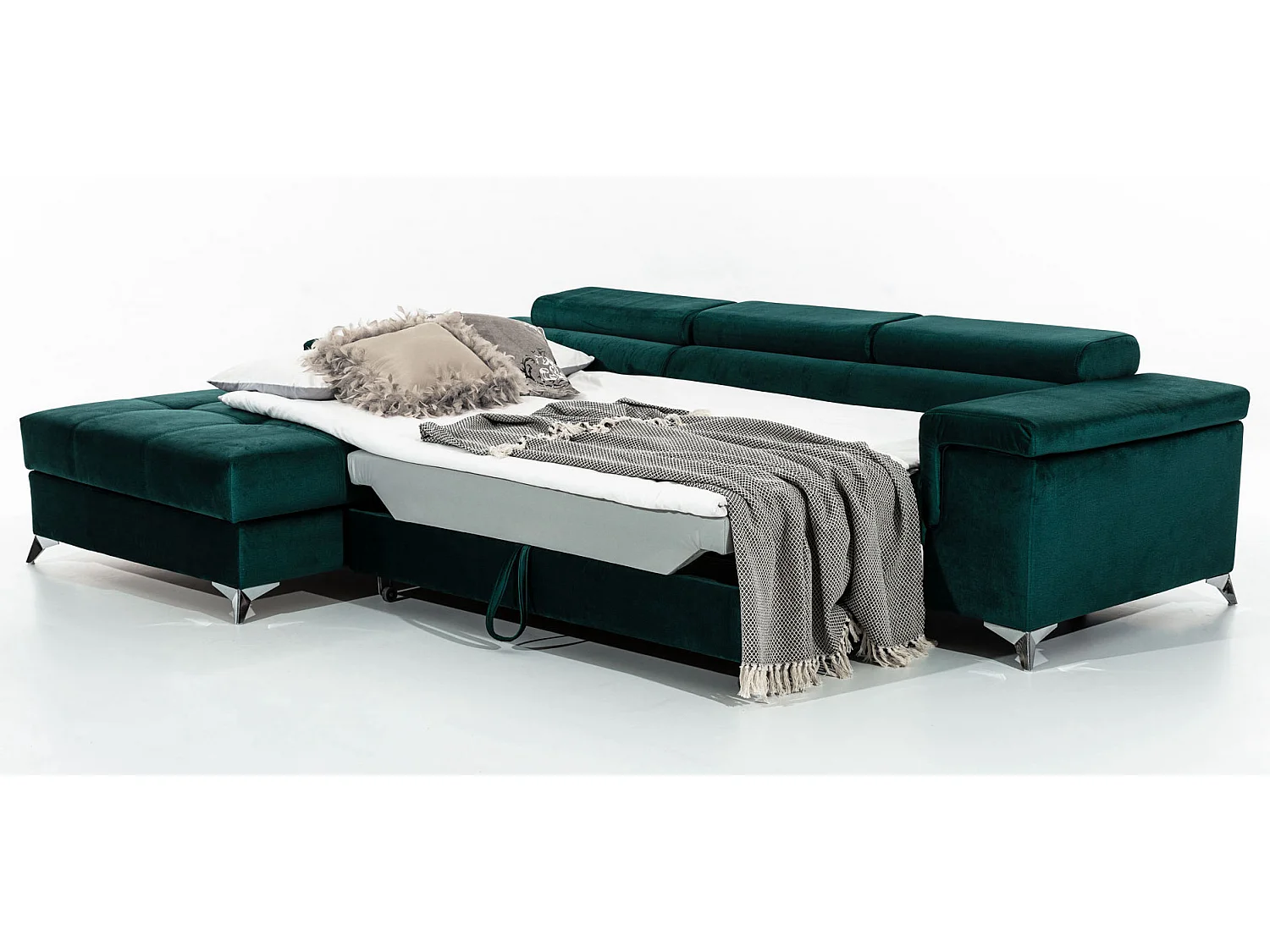 Sofá esquinero convertible RIKARO de terciopelo con reposacabezas ajustables - Base y patas de acero cromado-Verde oscuro-Ángulo izquierdo