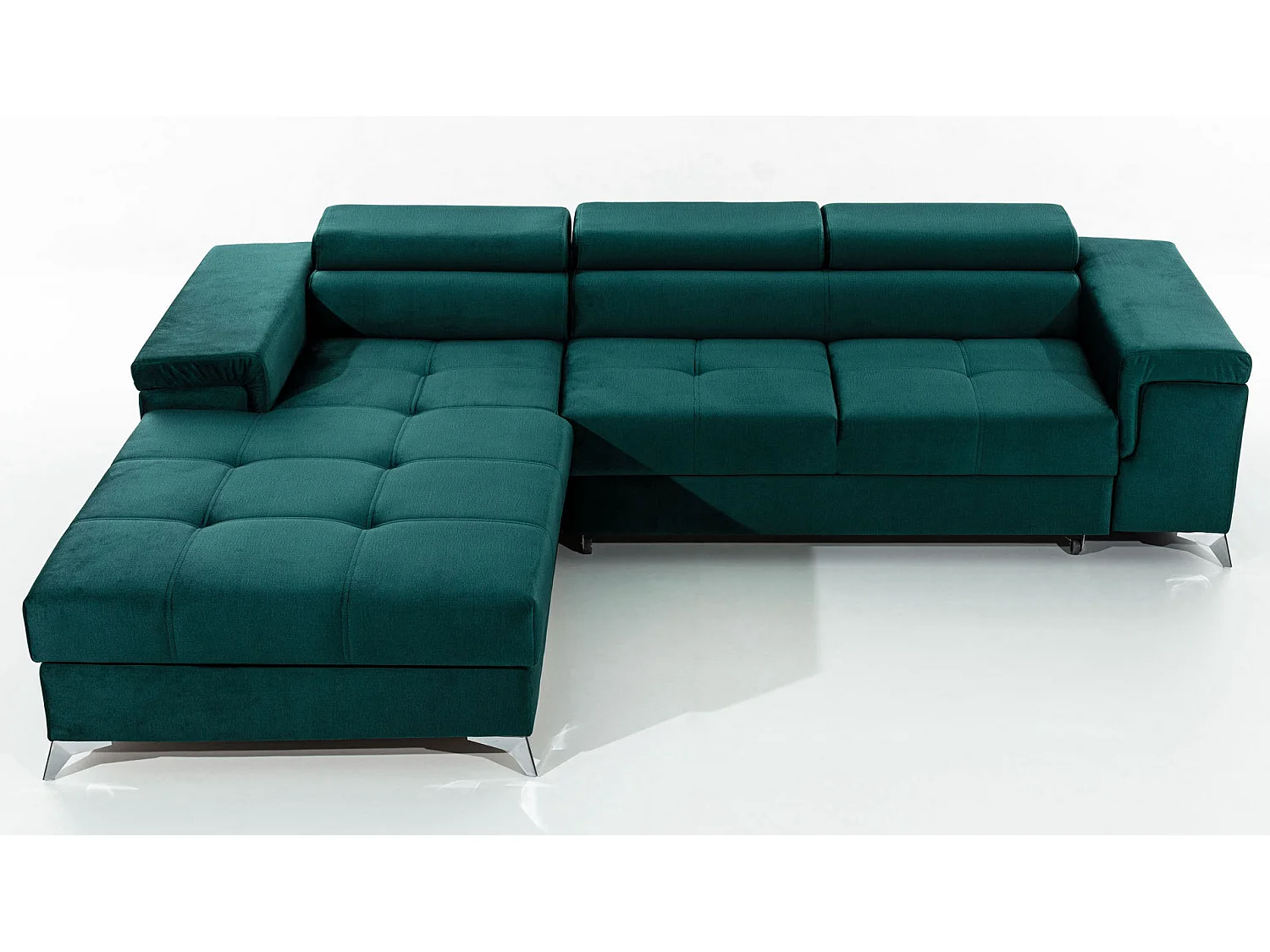 Sofá esquinero convertible RIKARO de terciopelo con reposacabezas ajustables - Base y patas de acero cromado-Verde oscuro-Ángulo izquierdo