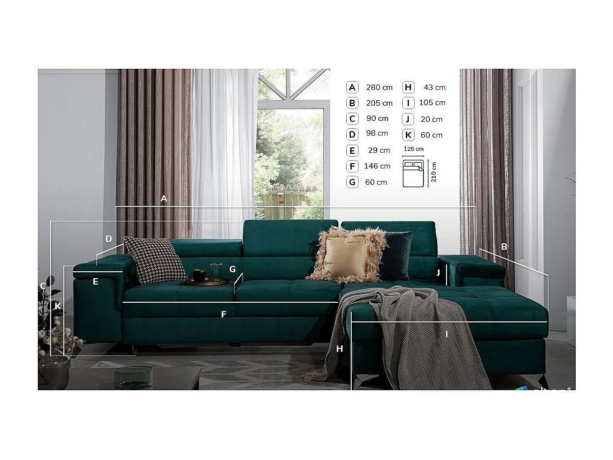 Sofá esquinero convertible RIKARO de terciopelo con reposacabezas ajustables - Base y patas de acero cromado-Verde oscuro-Ángulo izquierdo