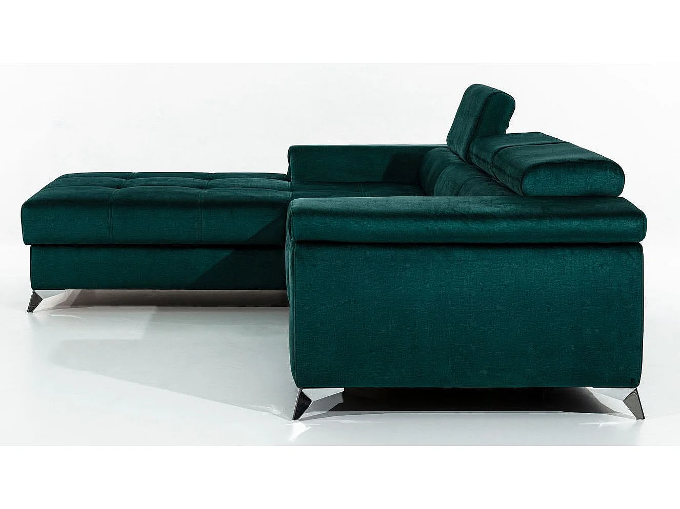Sofá esquinero convertible RIKARO de terciopelo con reposacabezas ajustables - Base y patas de acero cromado-Verde oscuro-Ángulo izquierdo