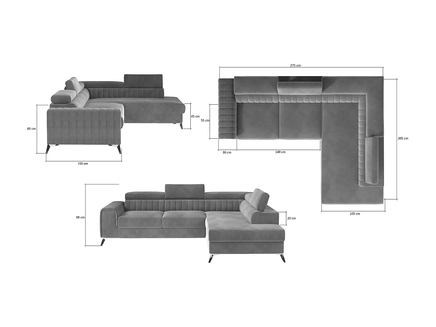 Canapé angle gauche convertible avec appuis-tête réglables velours gris clair Lozan 275cm