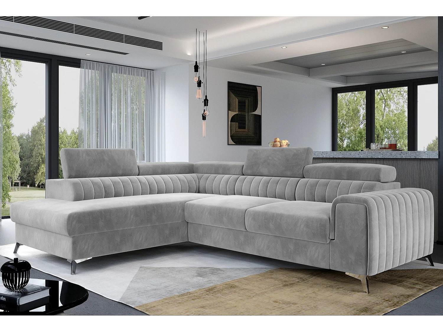 Canapé angle gauche convertible avec appuis-tête réglables velours gris clair Lozan 275cm