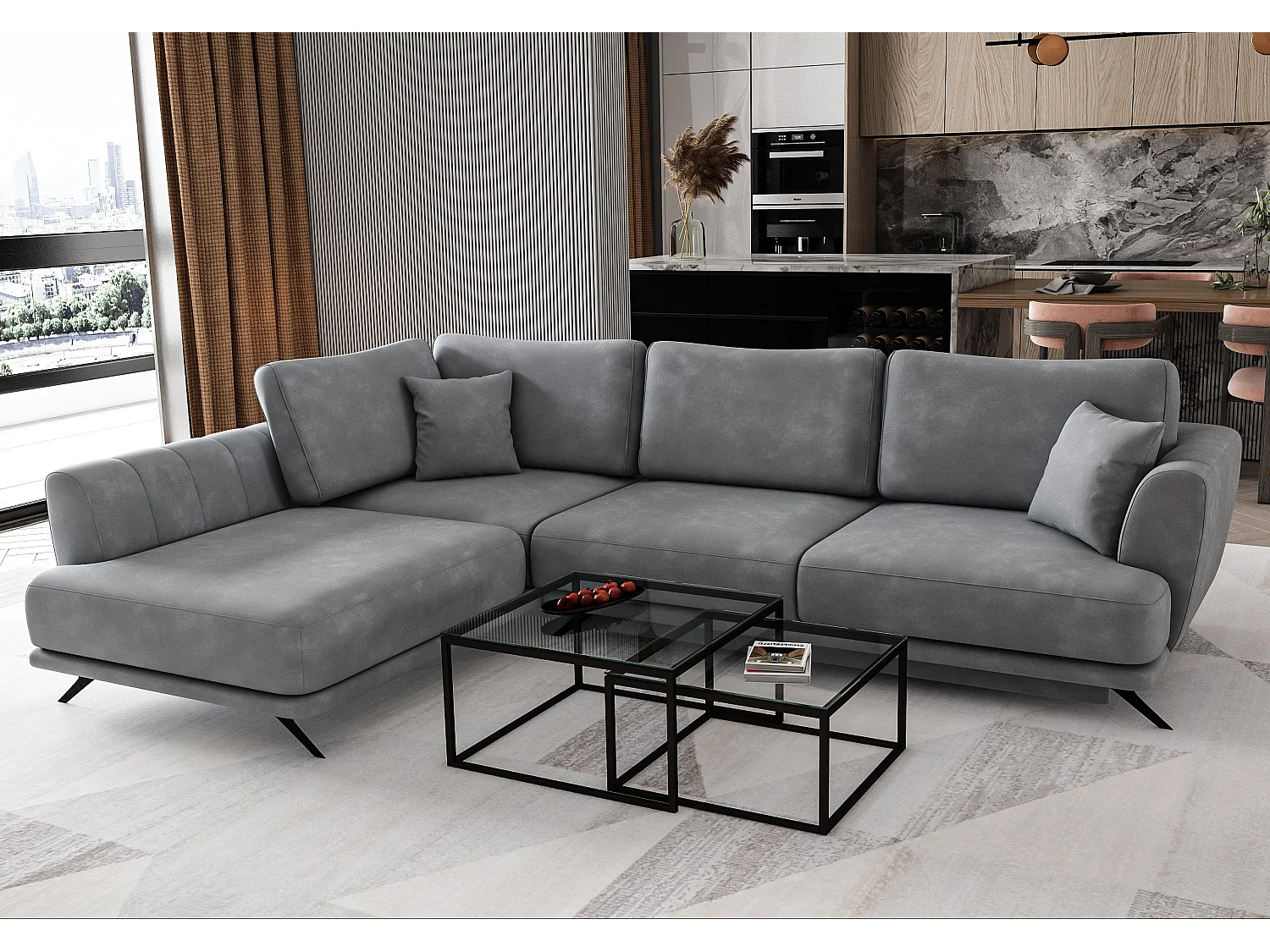 Canapé convertible angle gauche tissu gris Savary 280cm