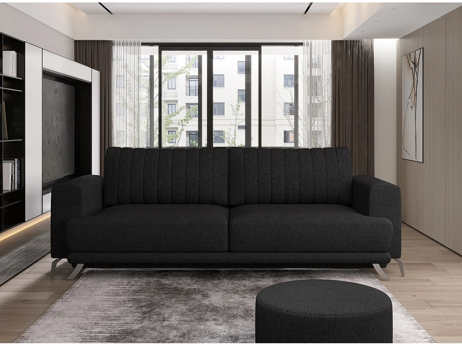 Canapé convertible design 3-4 places tissu noir et pieds acier chromé Eliza 250cm