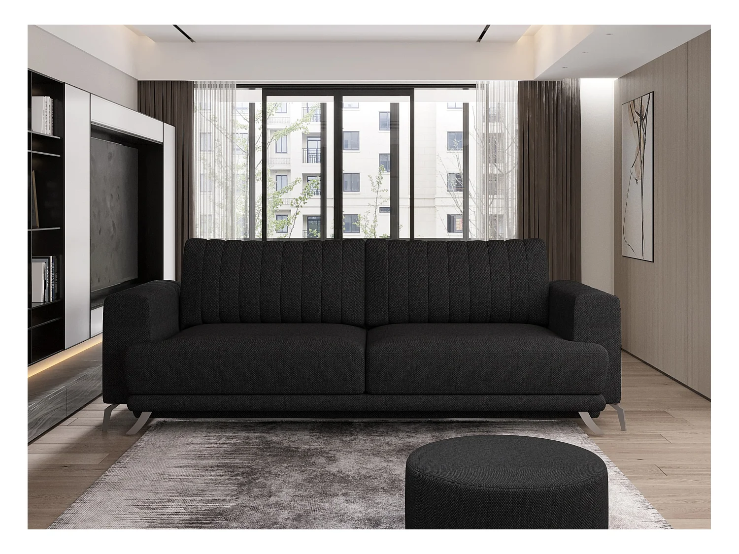 Canapé convertible design 3-4 places tissu noir et pieds acier chromé Eliza 250cm