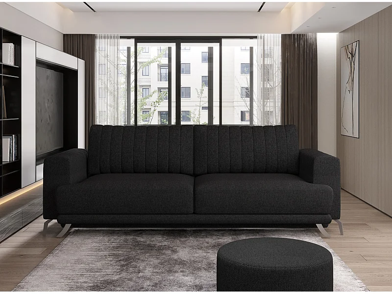 Canapé convertible design 3-4 places tissu noir et pieds acier chromé Eliza 250cm