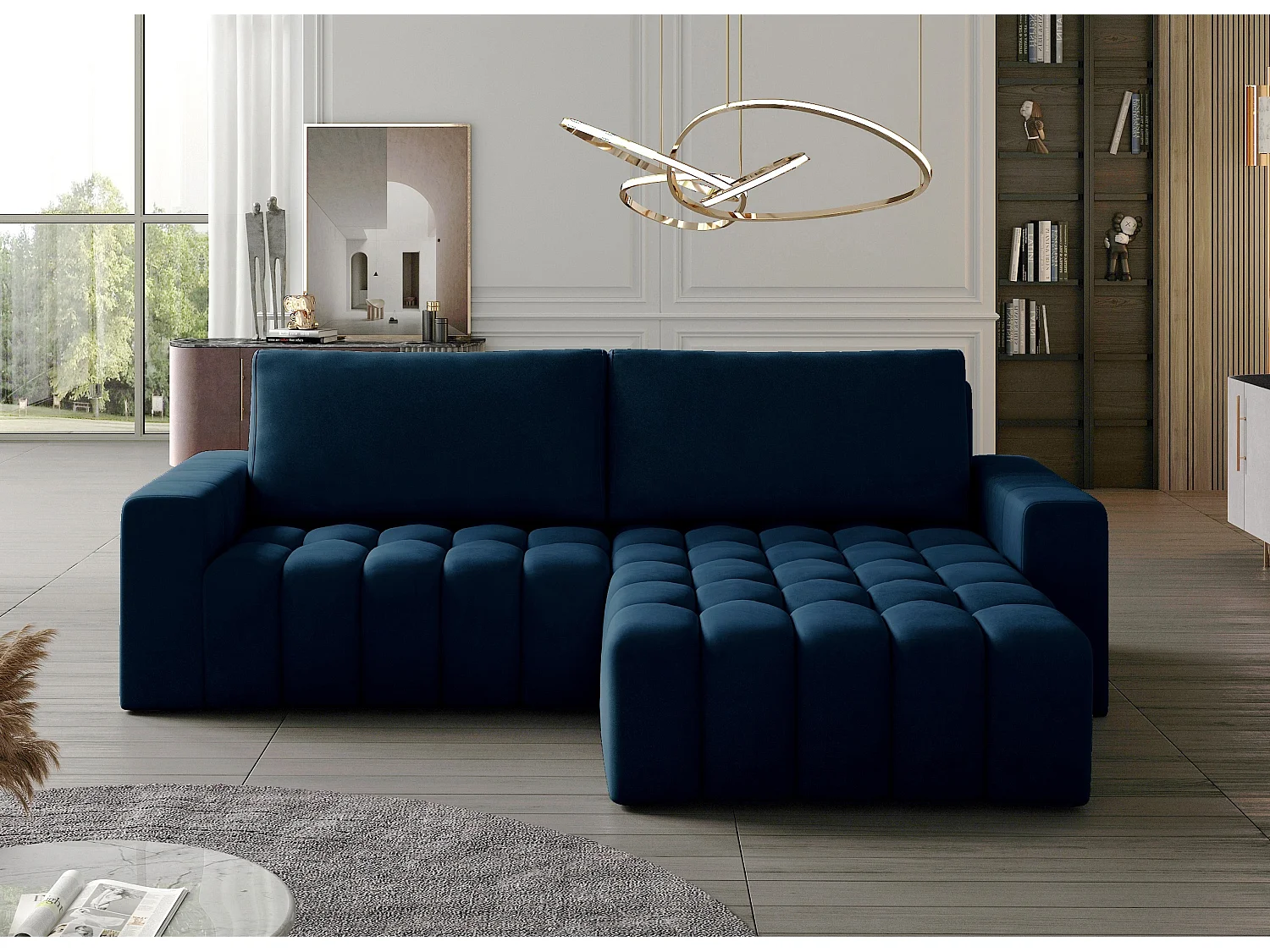 Canapé convertible design velours matelassé bleu marine angle droit Bozen 250cm