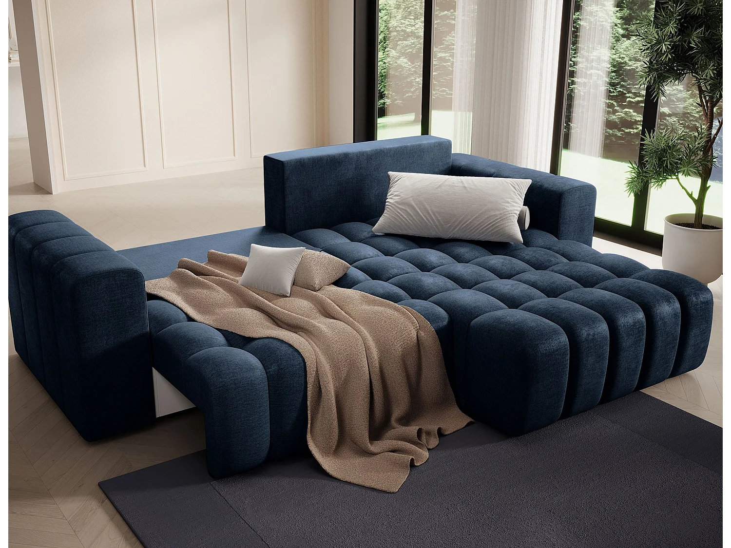 Canapé convertible design velours matelassé bleu marine angle droit Bozen 250cm