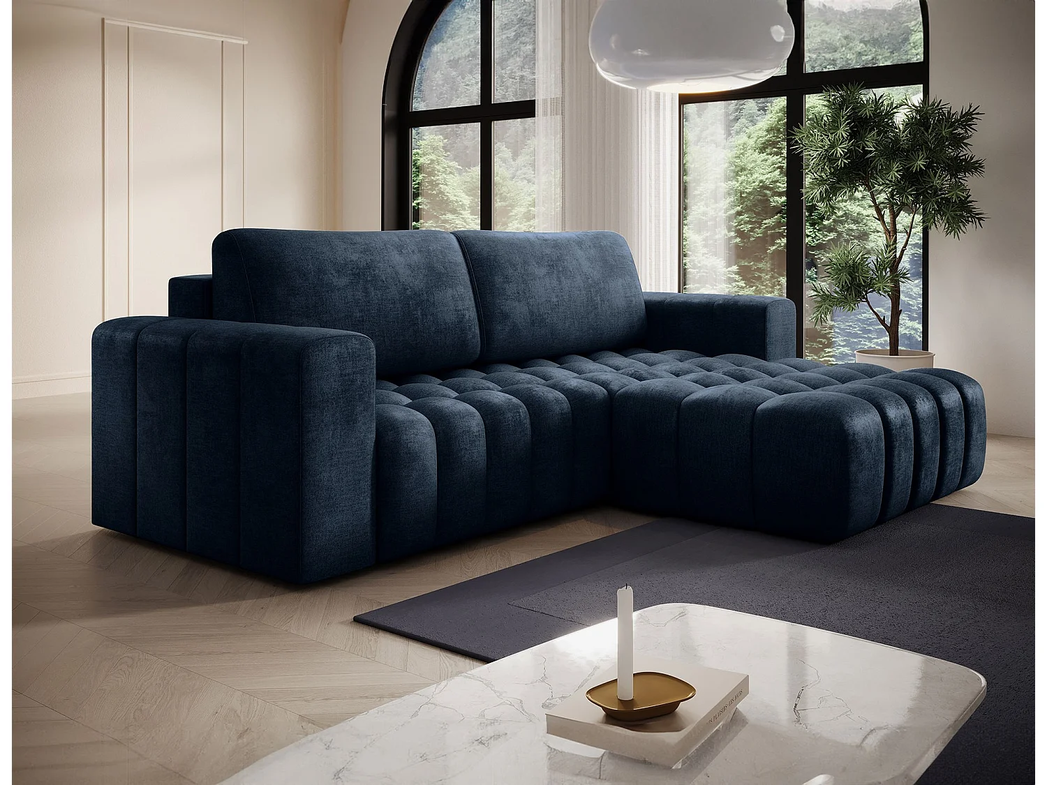 Bozen gecapitonneerde fluwelen hoekbank – Converteerbaar en opbergruimte-Kleur Donkerblauw-juiste hoek